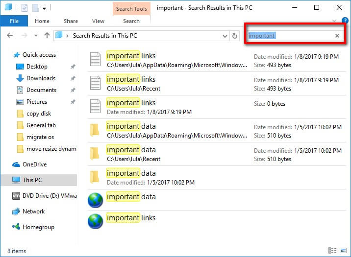 search the files 