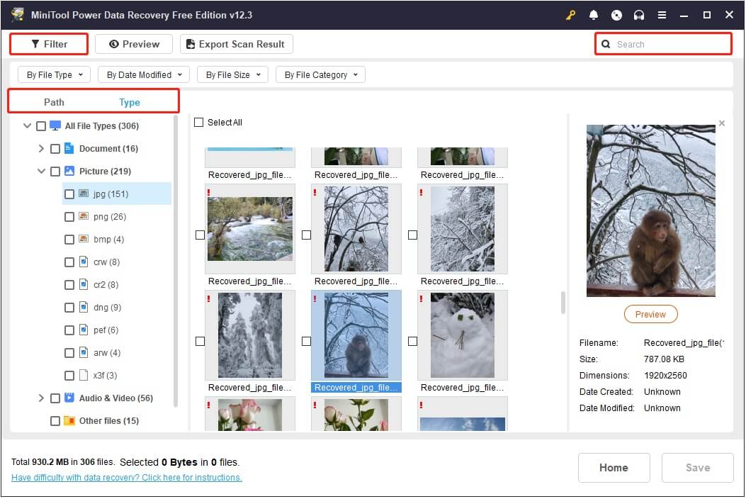 make use of the Path, Type, Filter, and Search features in MiniTool Power Data Recovery to find files faster