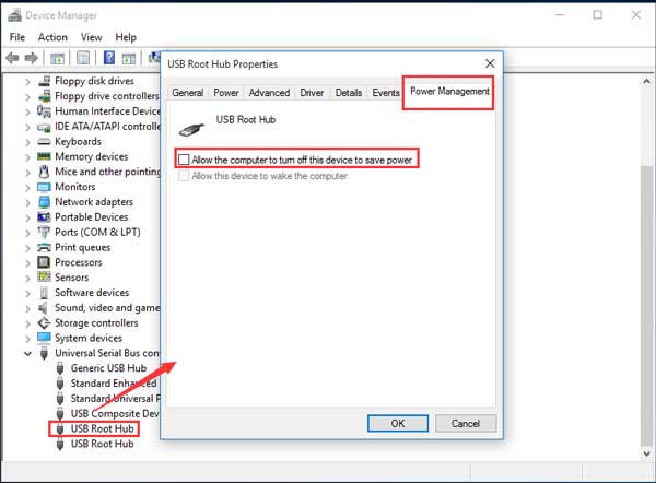 uncheck allow the computer to turn off this device to save power