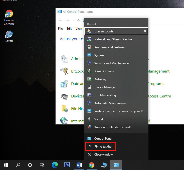 pin Control Panel to the taskbar