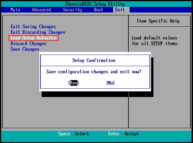 move to Load Setup Defaults