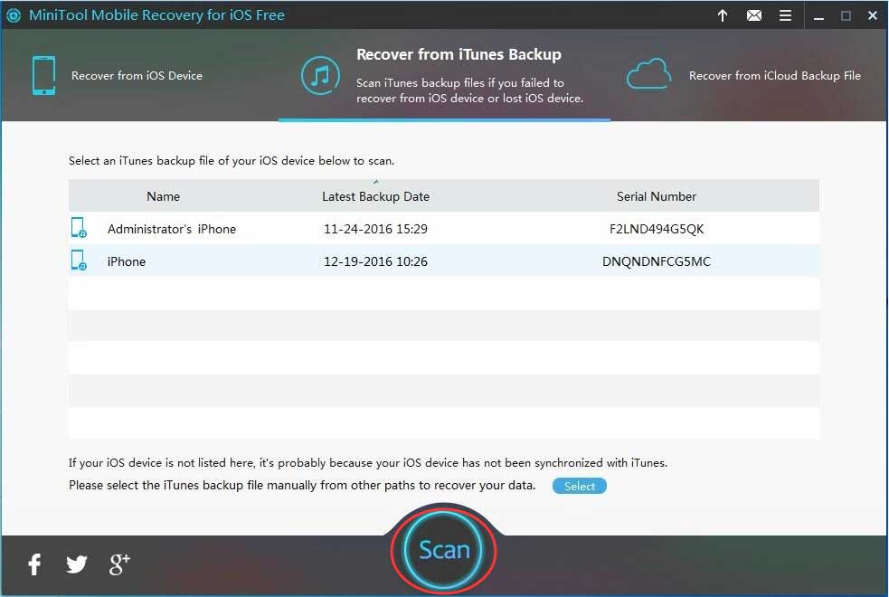 choose the target iTunes backup file to scan
