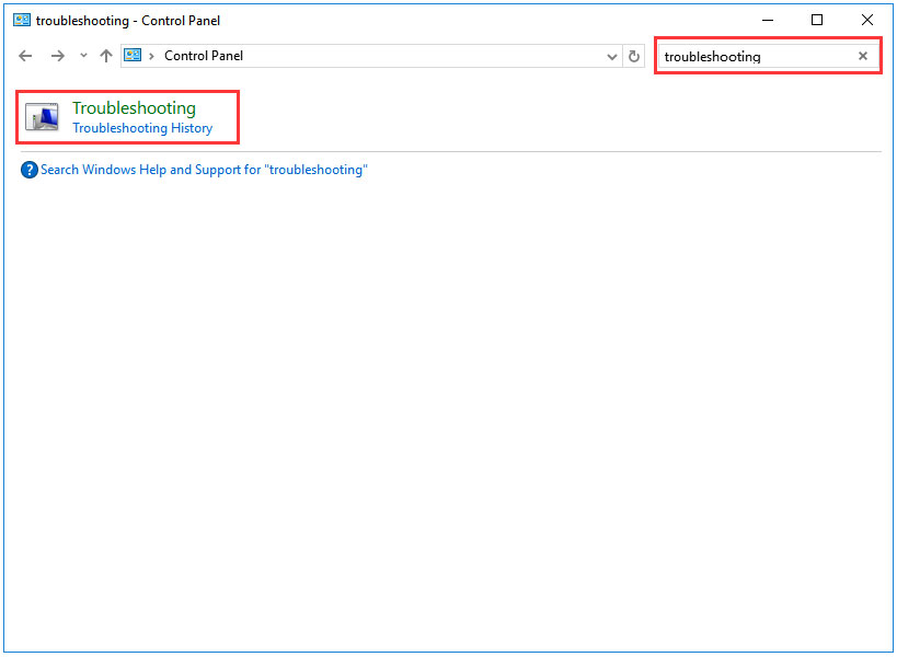 search troubleshooting in Control Panel window