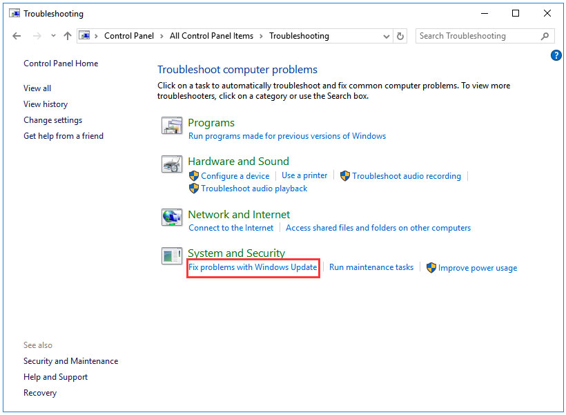 select Fix problems with Windows Update