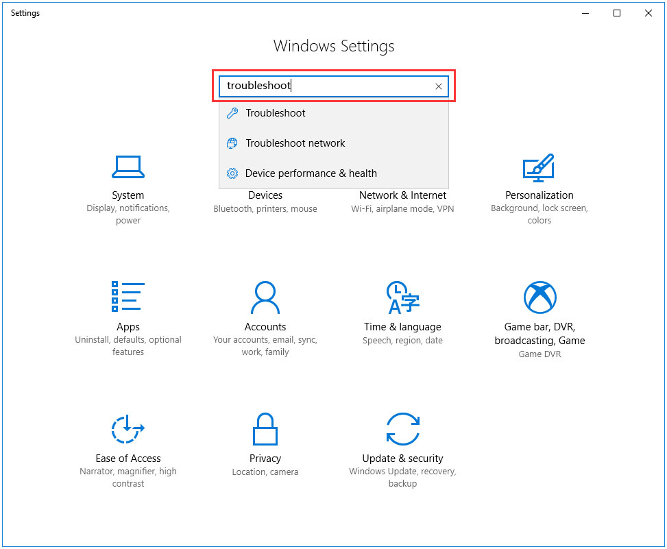 type troubleshoot in Windows Setting window