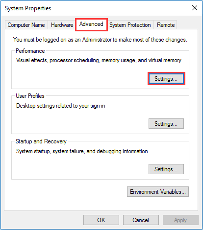 alterar as configurações de desempenho do sistema