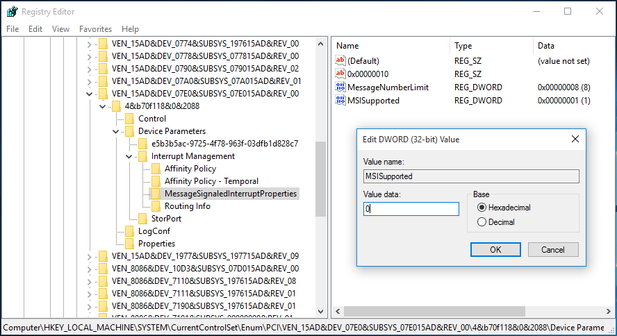 alterar os dados do valor de MSISupported