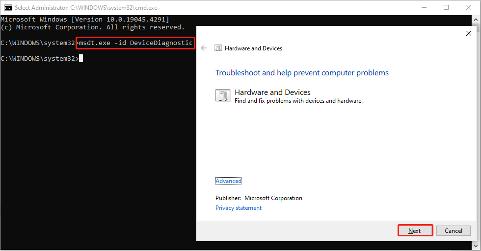 run the Hardware and Devices troubleshooter