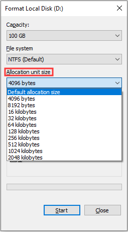 allocation unit size