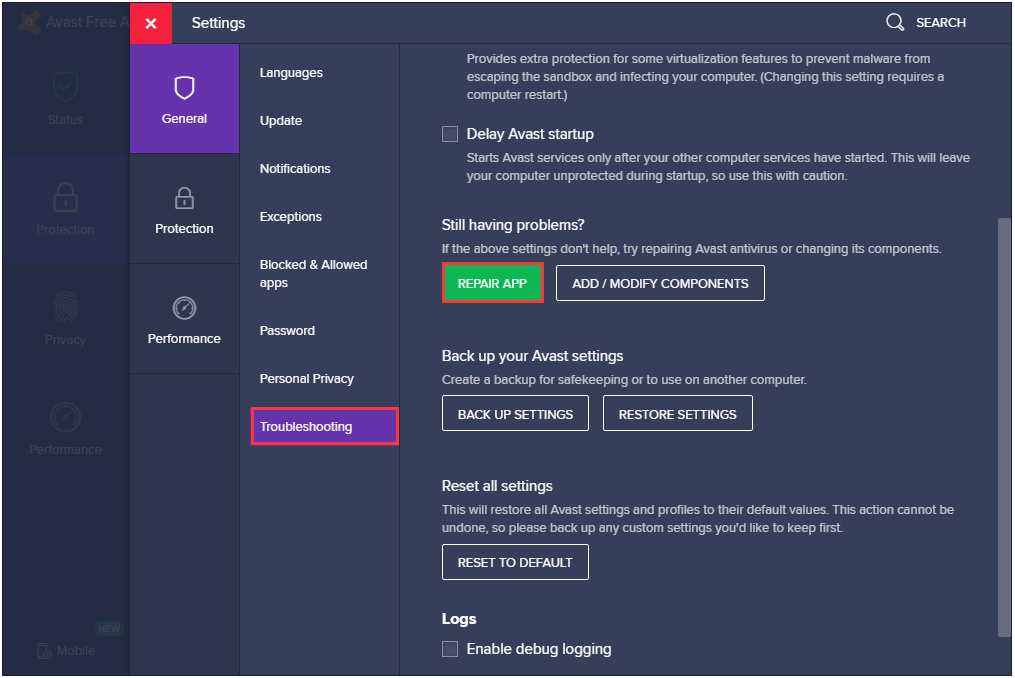 go to the Troubleshooting tab and then click REPAIR APP to continue