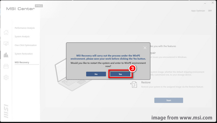 hit Yes to restart your MSI laptop and enter WinPE