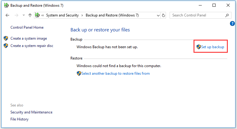 click Set up backup