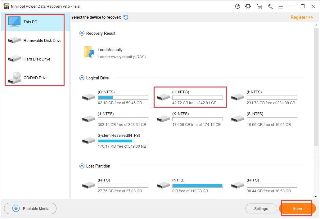 Select the target drive to scan