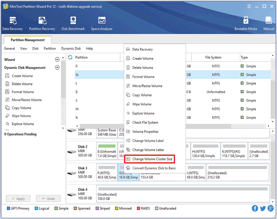 change volume cluster size