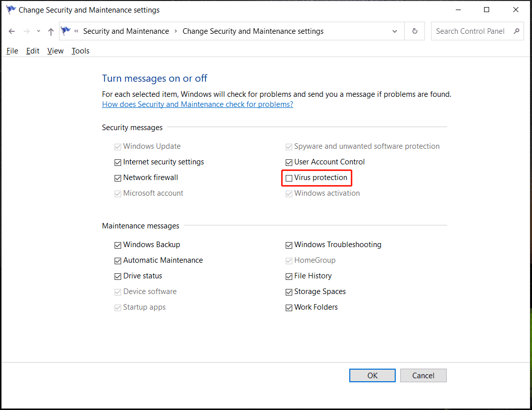 disable virus protection security messages
