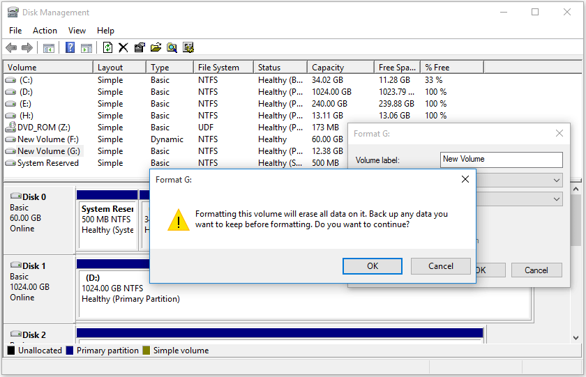warning message before formatting