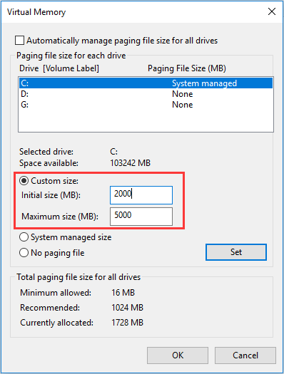 custom size of the paging file
