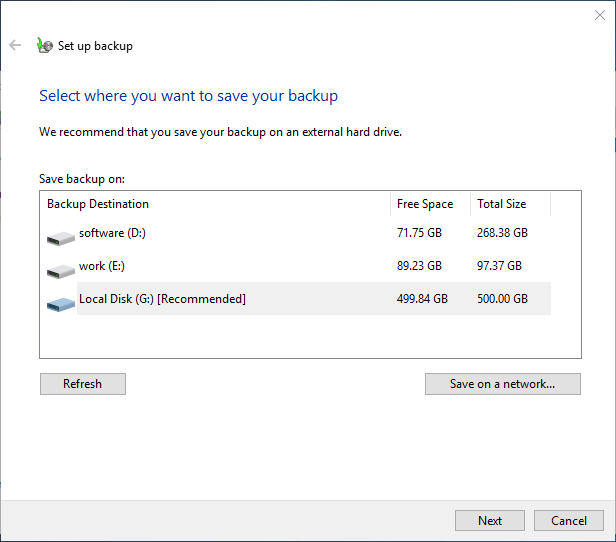 select backup destination in Backup and Restore
