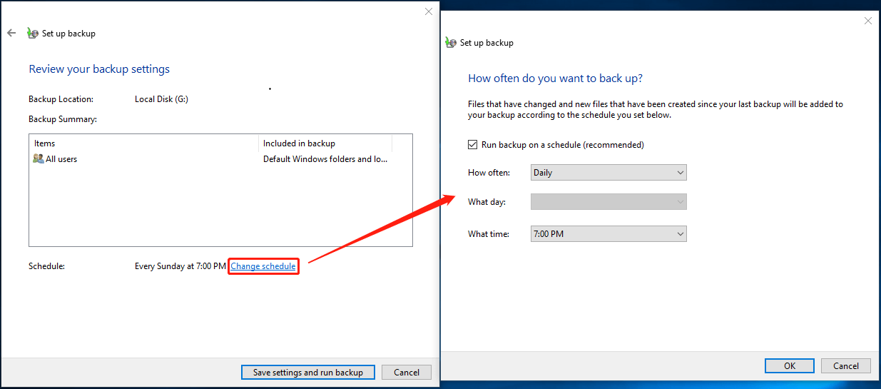 set up backup schedule in Backup and Restore
