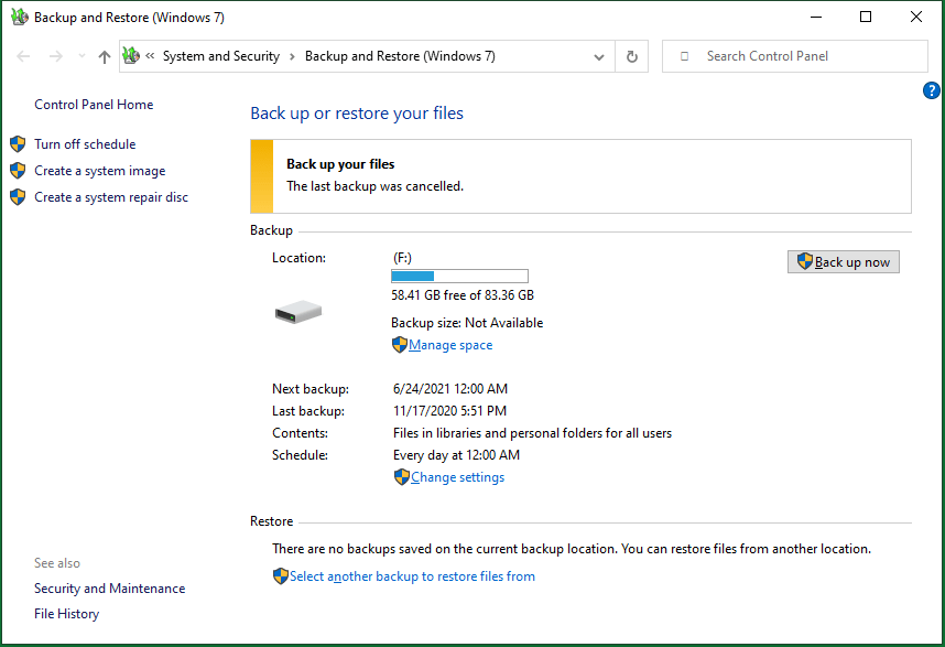 manage backup task in Backup and Restore