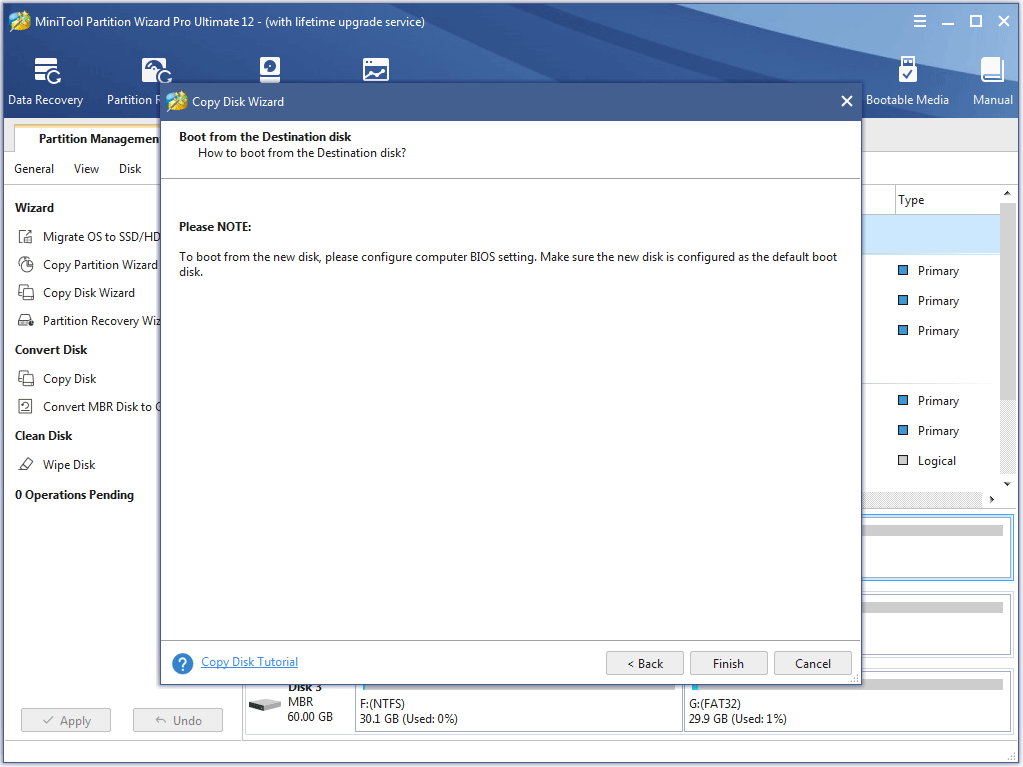 read the boot note and click Finish