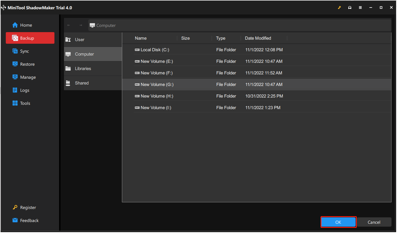 choose a destination path to store your files