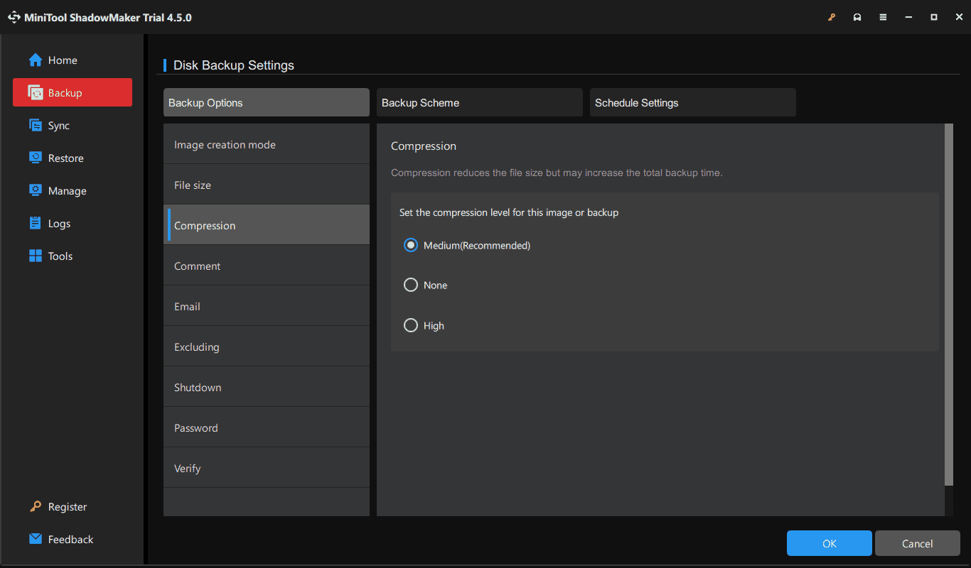 backup options in MiniTool ShadowMaker
