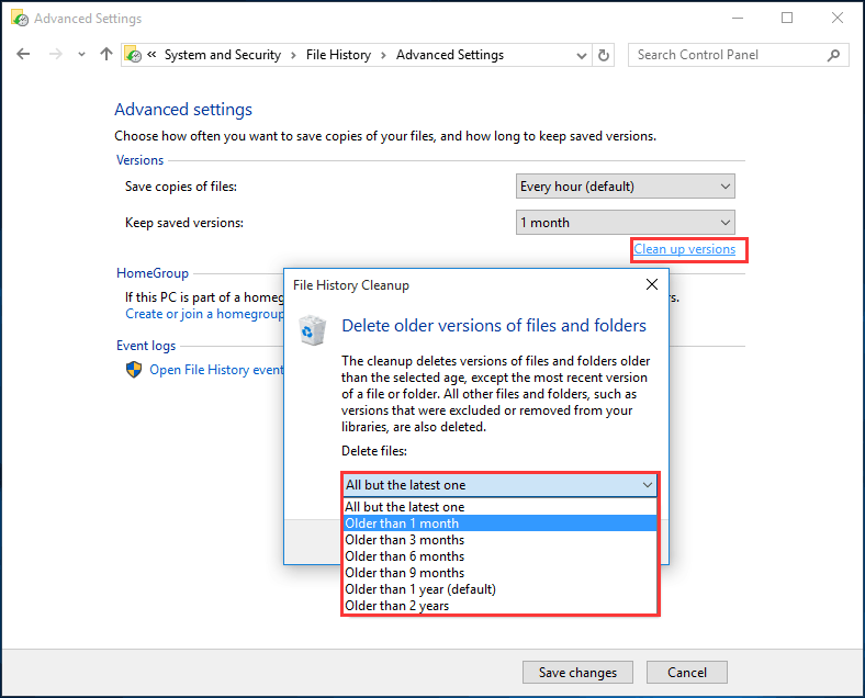 clean up File History backup versions