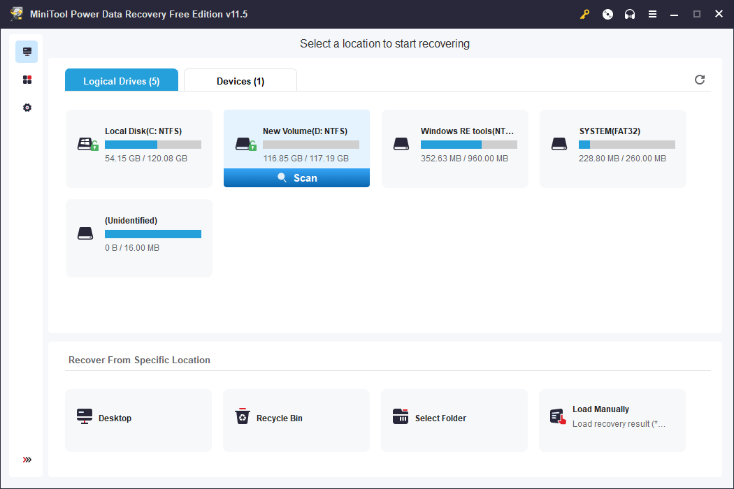 MiniTool Power Data Recovery Free Edition main interface