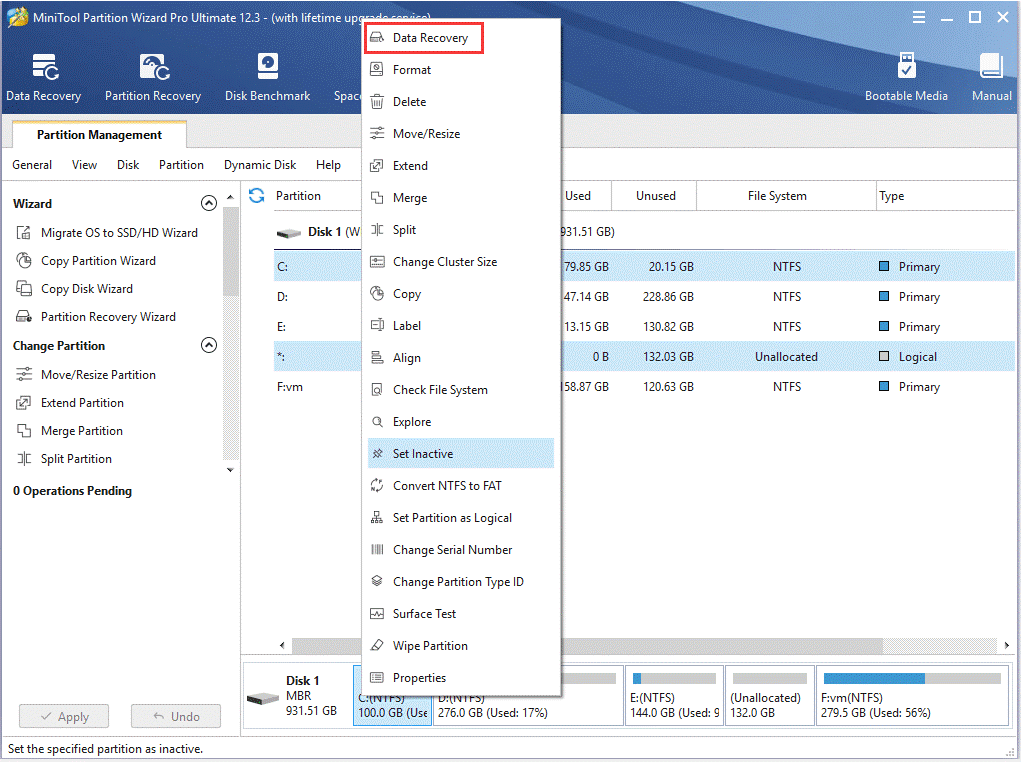 click on data recovery on MiniTool Partition Wizard