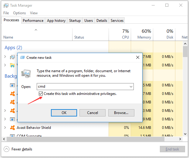 enter elevated Command Prompt from Task Manager