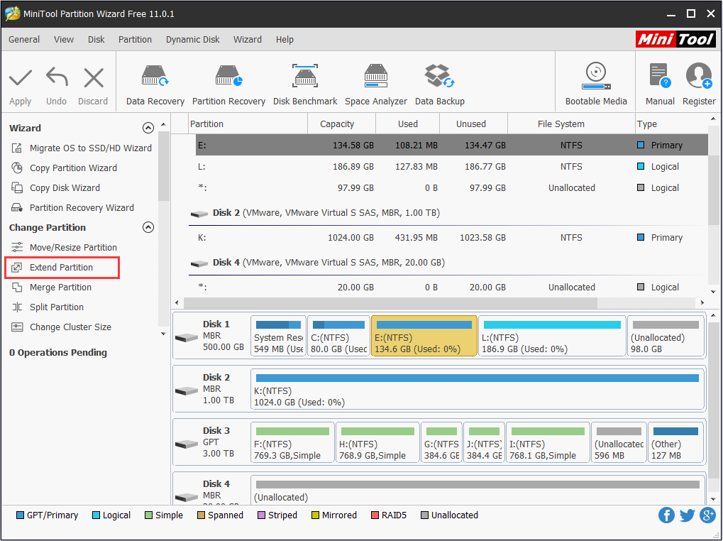 sélectionnez la partition à développer et choisissez Étendre la partition