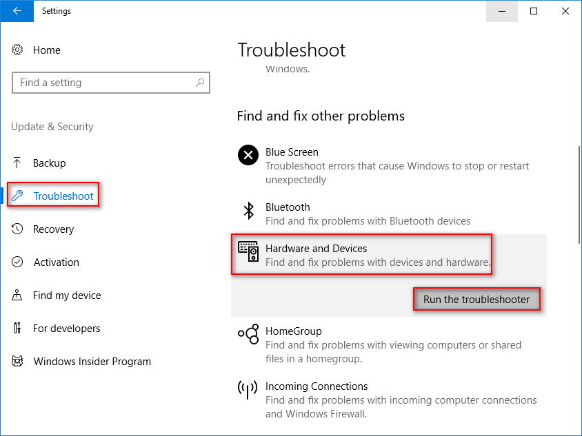 run Hardware and Devices troubleshooter