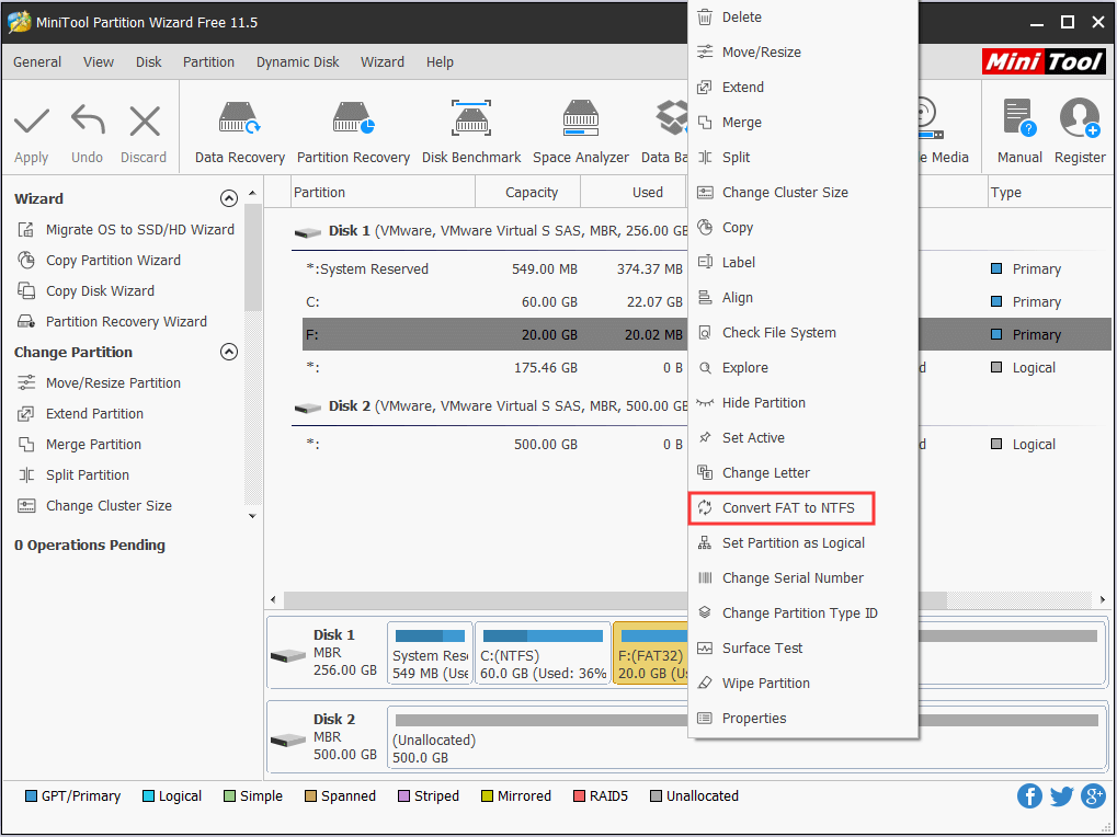 choisissez l'option Convertir FAT en NTFS