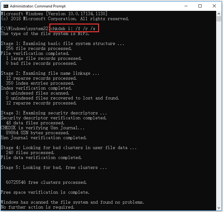 run chkdsk *: /f /r /x command