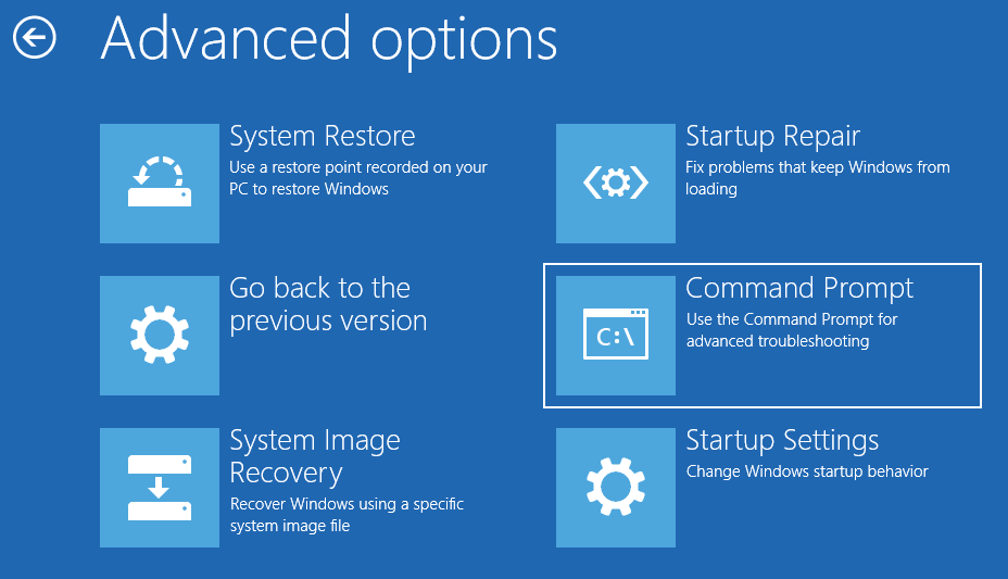 access Windows Recovery options Command Prompt to run CHKDSK