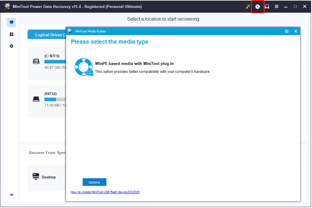 click the icon to open Bootable Media Builder