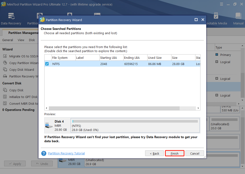 check all partitions and click Finish to continue