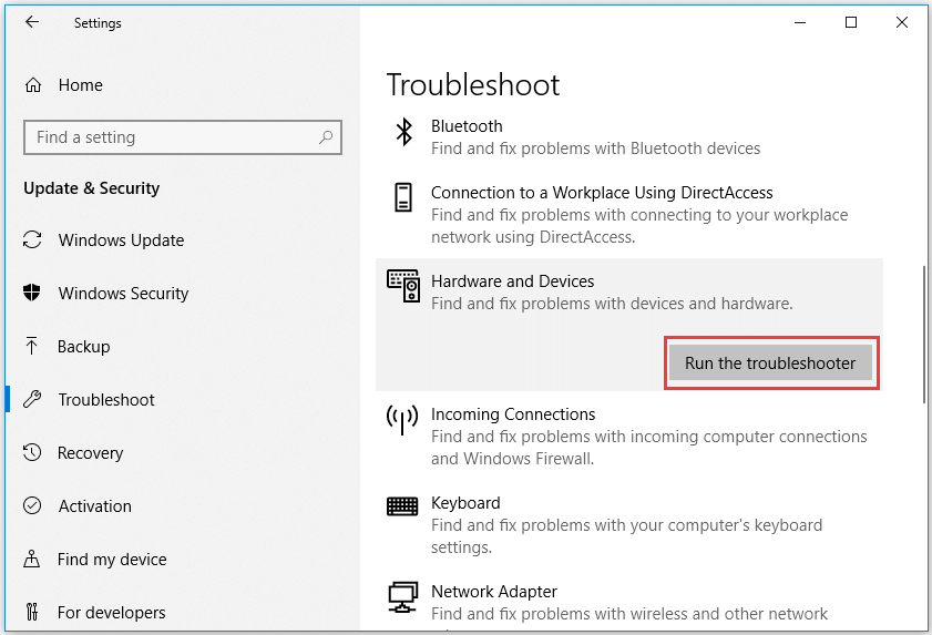 run hardware troubleshooter