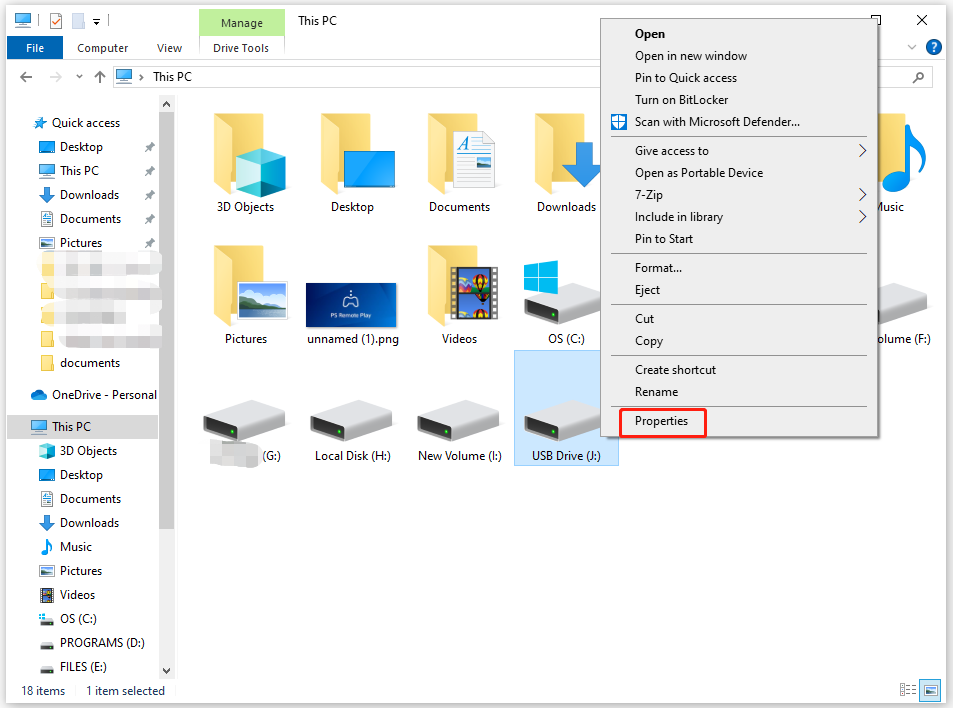 open Properties of the USB