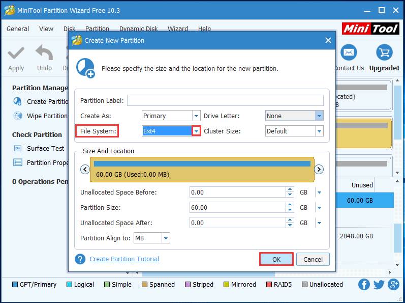 définir le système de fichiers comme Ext4