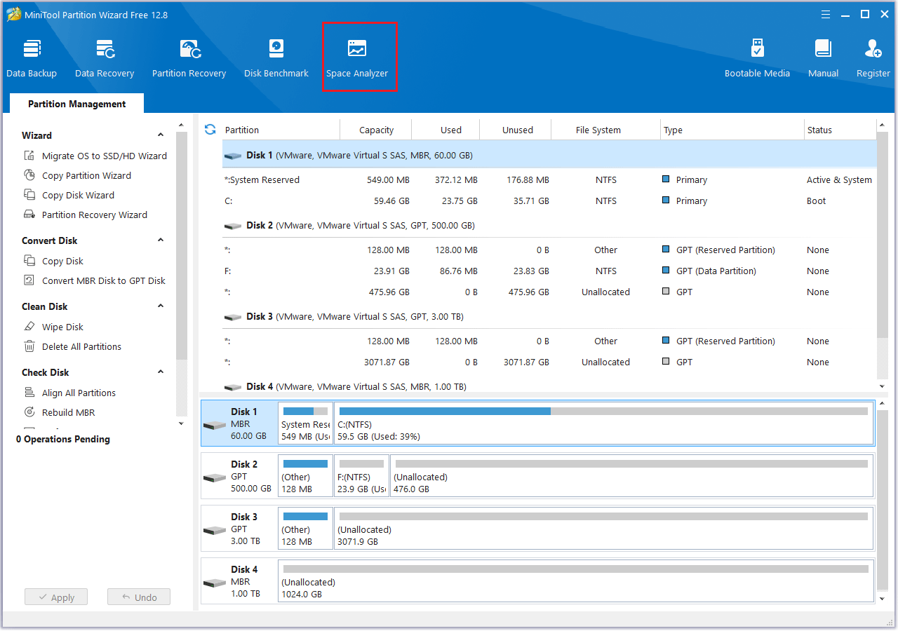 click MiniTool Partition Wizard Space Analyzer feature