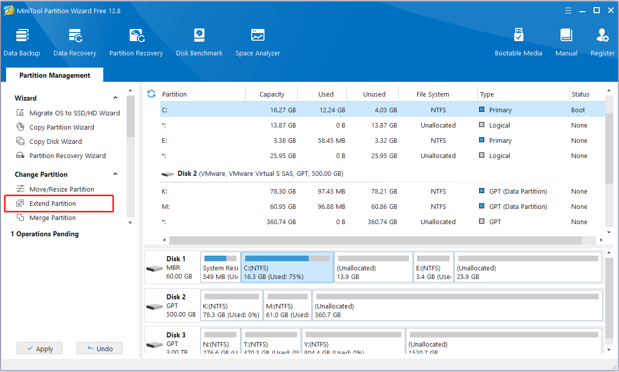 click MiniTool Partition Wizard extend partition feature