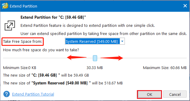 click OK to increase the partition size