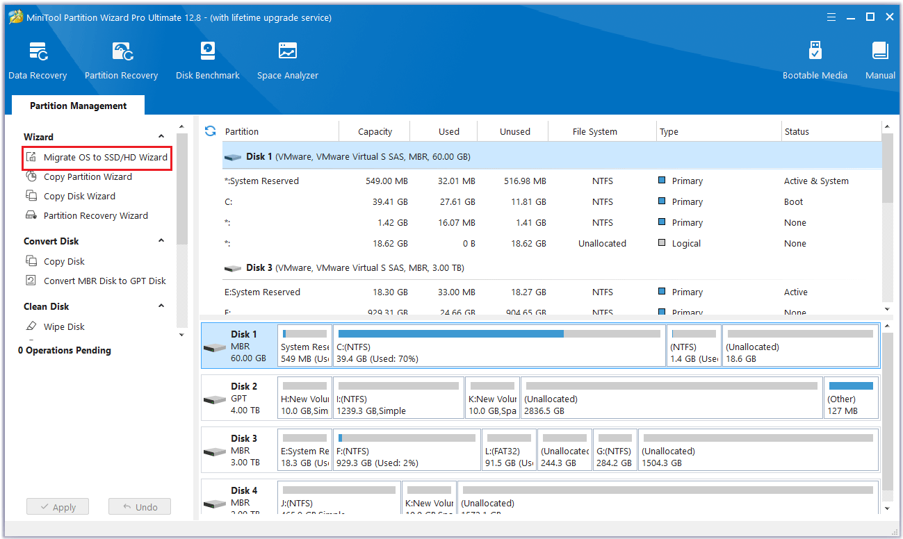 click MiniTool Partition Wizard Migrate OS to SSD/HD Wizard feature