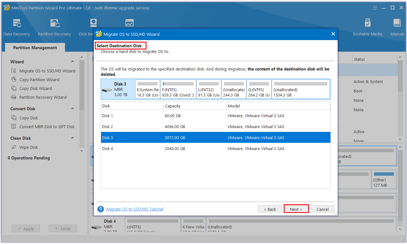 select the destination disk and click the Next button in MiniTool Partition Wizard