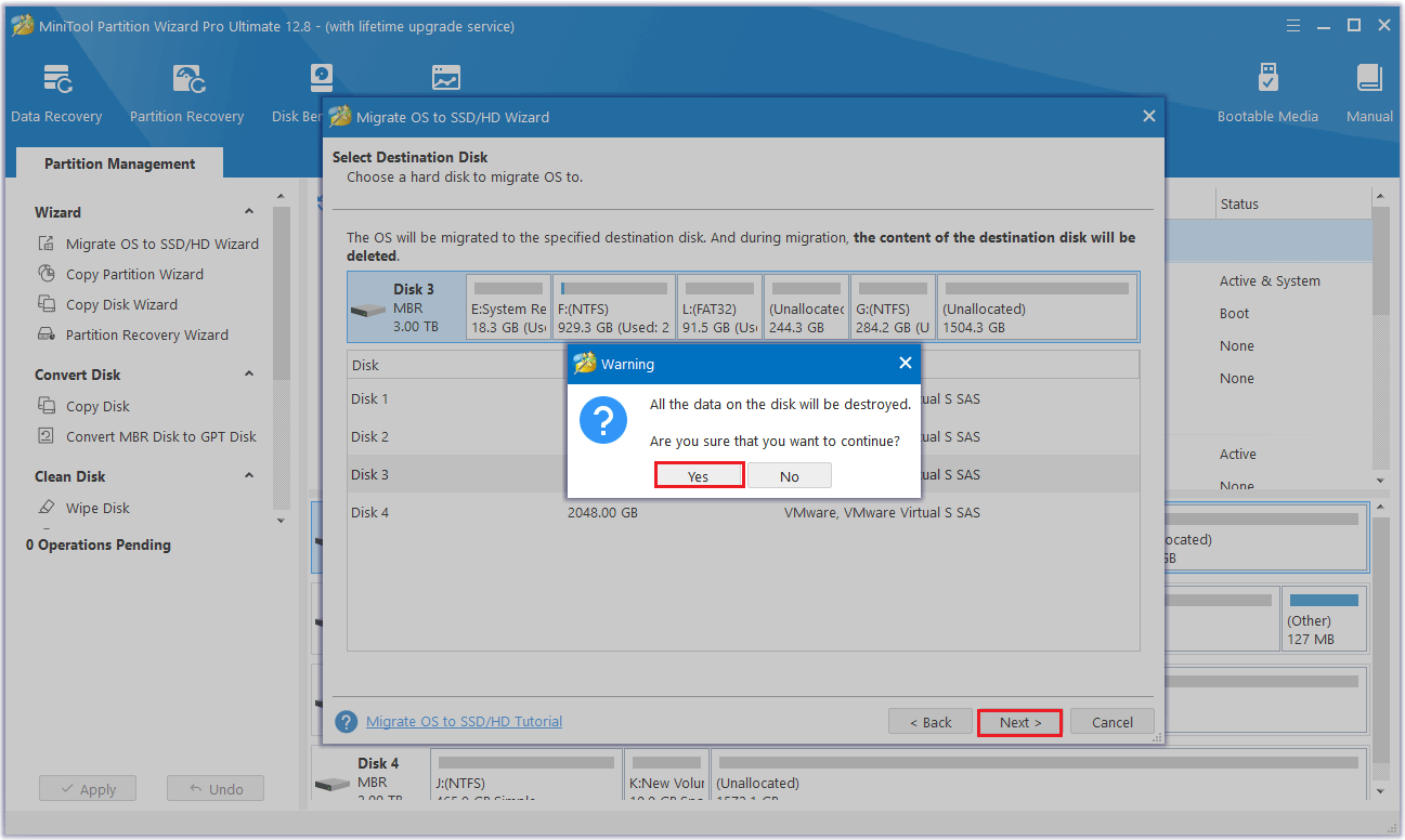 click Yes to continue to select a destination disk in MiniTool Partition Wizard