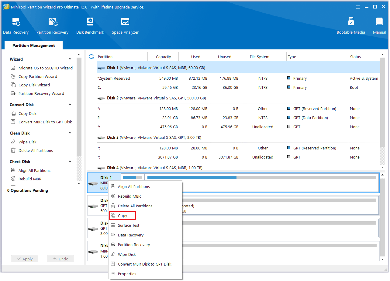 click Copy feature of MiniTool Partition Wizard