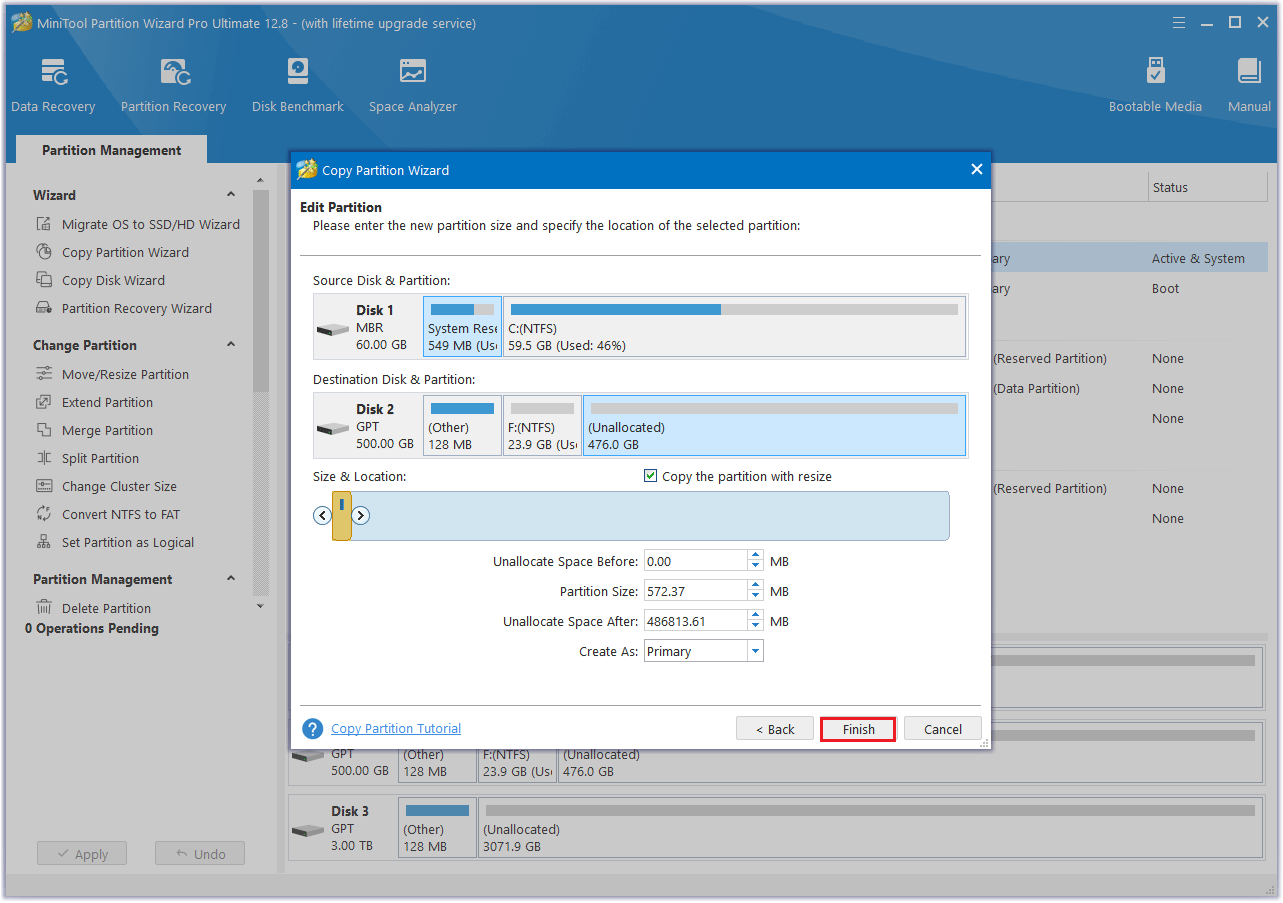 click Finish to edit a partition