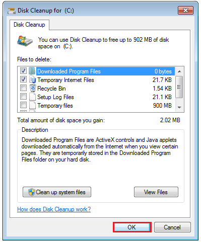 click OK to clean up the system files